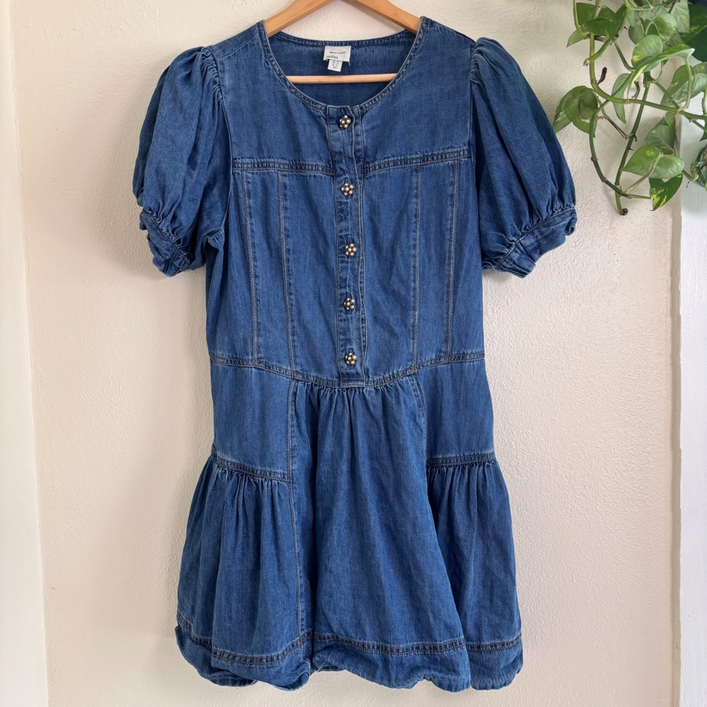 Anthropologie Maeve puff sleeve tiered denim mini dress size 12
